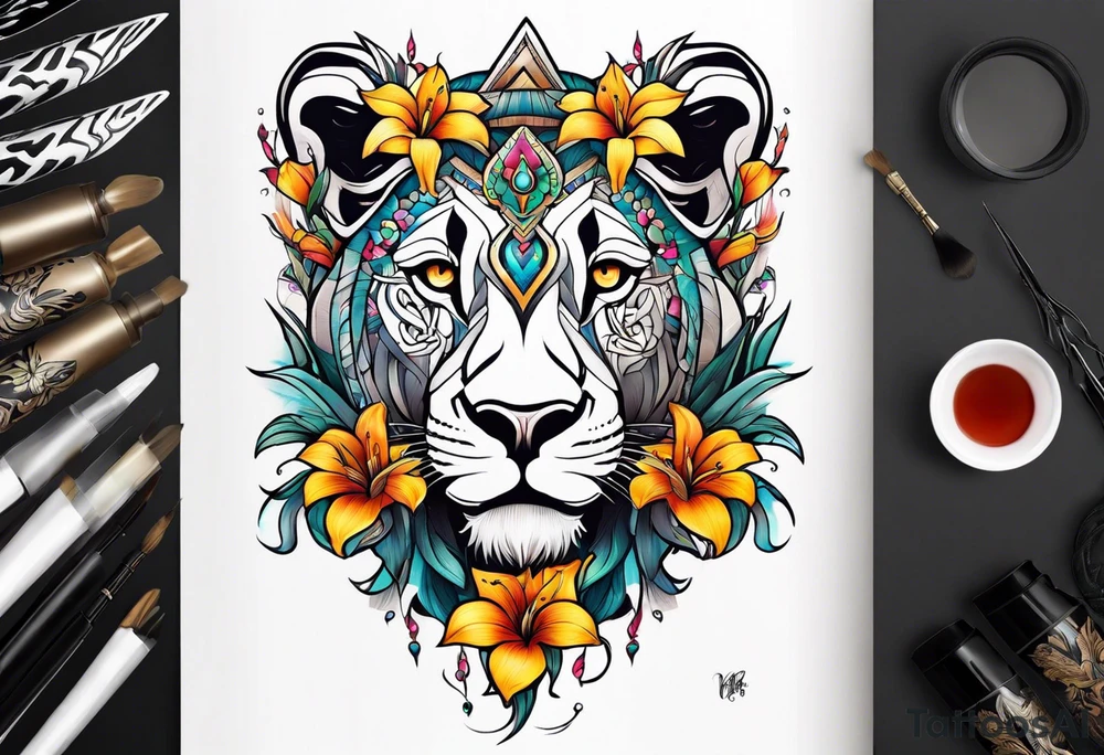 Tribal Lioness with lilies and color all over tattoo idea