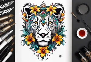 Tribal Lioness with lilies and color all over tattoo idea