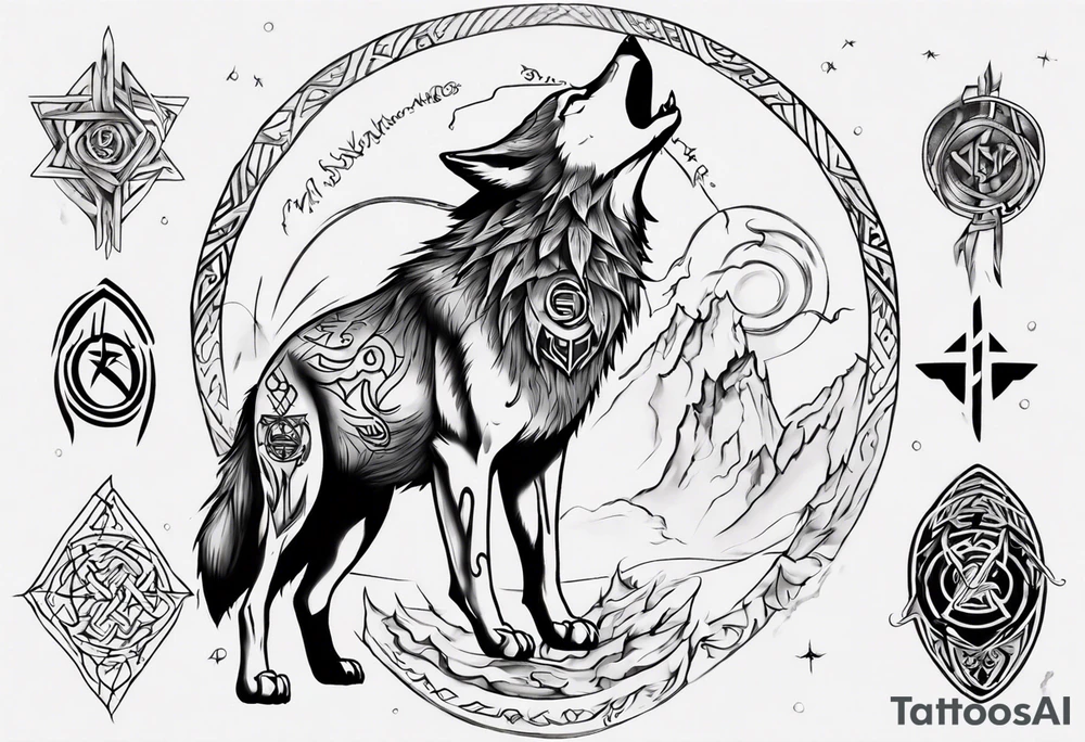 Wolf  howling with Norse symbols, a bit of Māori tattooing and my nanas name joy in it tattoo idea