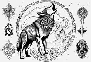 Wolf  howling with Norse symbols, a bit of Māori tattooing and my nanas name joy in it tattoo idea