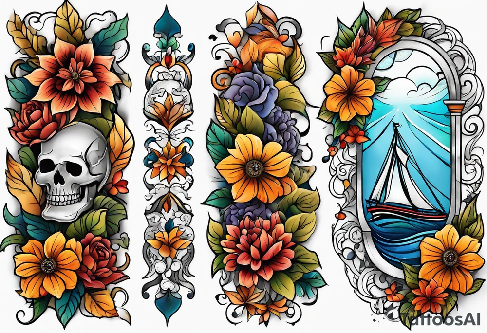 arm sleeve with fall colors, flowers, water, leaves and various shapes tattoo idea