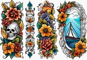 arm sleeve with fall colors, flowers, water, leaves and various shapes tattoo idea