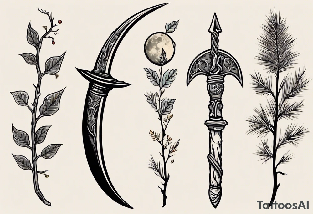 A druid sickle in the shape of a 1/4 moon, the handle has a acorn on the hilt, on the opposite side of the sickle there are four leafs,  an oak leaf in the spring, a birch leaf in the summer, a maple leaf with fall colors, and a pine leaf in the winter tattoo idea