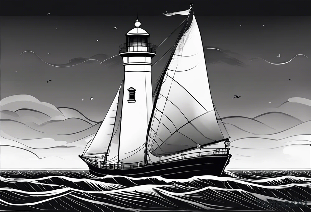 maritime lighthouse partially hidden by its large fixed sail. calm sea reflection. tattoo idea