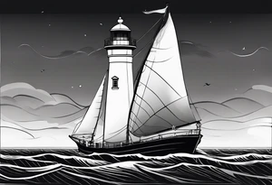 maritime lighthouse partially hidden by its large fixed sail. calm sea reflection. tattoo idea
