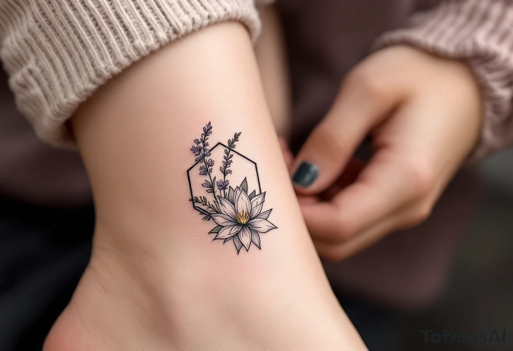 Leo symbol, larkspurs and water lily surrounded by a hexagon tattoo idea