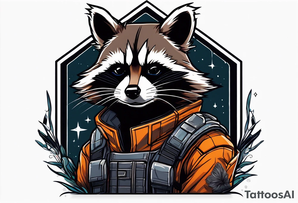 Rocket raccoon sitting with a small black  house cat tattoo idea