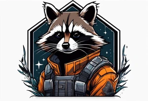 Rocket raccoon sitting with a small black  house cat tattoo idea