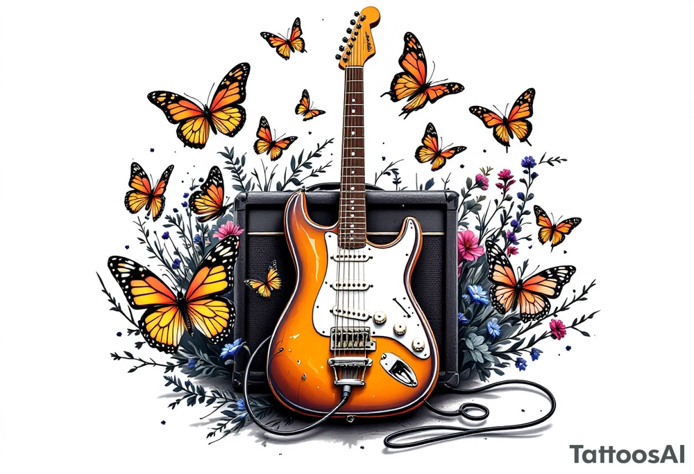 An electric guitar plugged into an amp with 5 butterflies flying around it tattoo idea