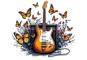 An electric guitar plugged into an amp with 5 butterflies flying around it tattoo idea