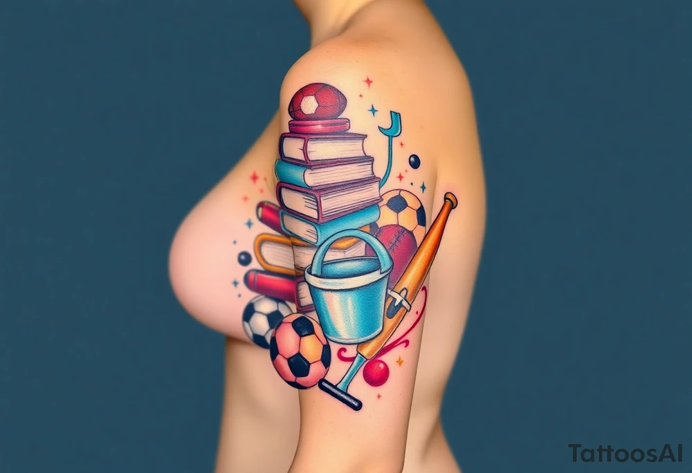 Childhood memories of a small pile of books, a bucket and spade, a football, a cricket bat, a cartoon of Dennis the Menace from the Beano comic, and something associated with the band Green Day tattoo idea