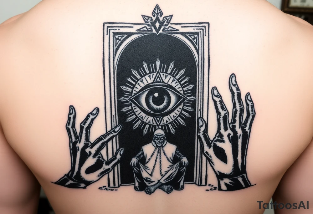 The truth sitting in front of a nearly fully opened door with the eye of god inside the door with all black around it and black hands starting to come out the door stretching to different places from full metal alchemist tattoo idea