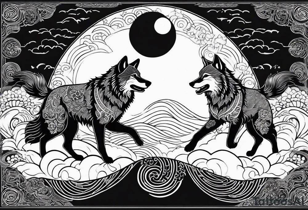Two wolves—Sköll and Hati—one chasing the sun and the other chasing the moon. You could position them on opposite sides of a circular design with the sun rising and the moon setting at the top and bottom. tattoo idea