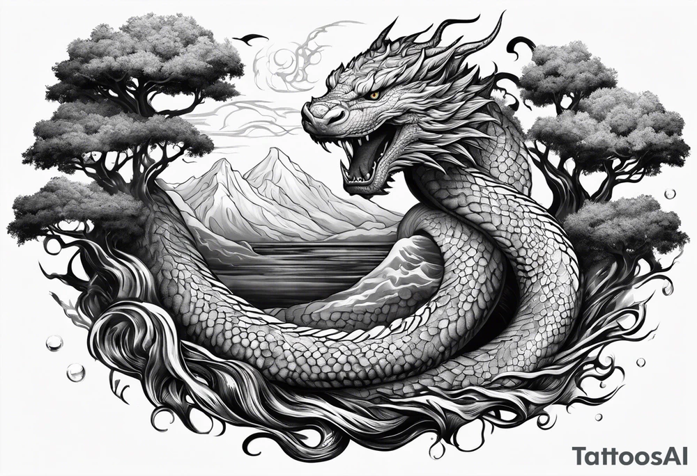 Jormungandr wrapped around world tree with water enveloping tattoo idea