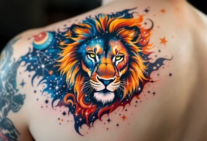 A fierce lion outlined in stardust white roams across a watercolor canvas of midnight blues and fiery oranges with bold Lion star constellation tattoo idea