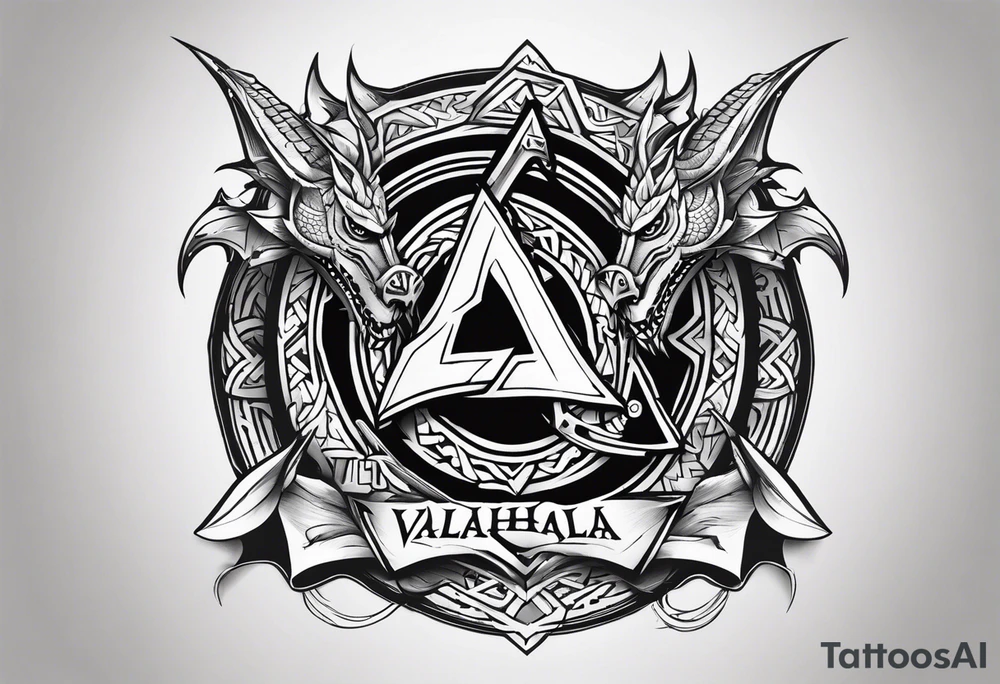 Valhalla sword shield dragon axe Valknut tattoo idea