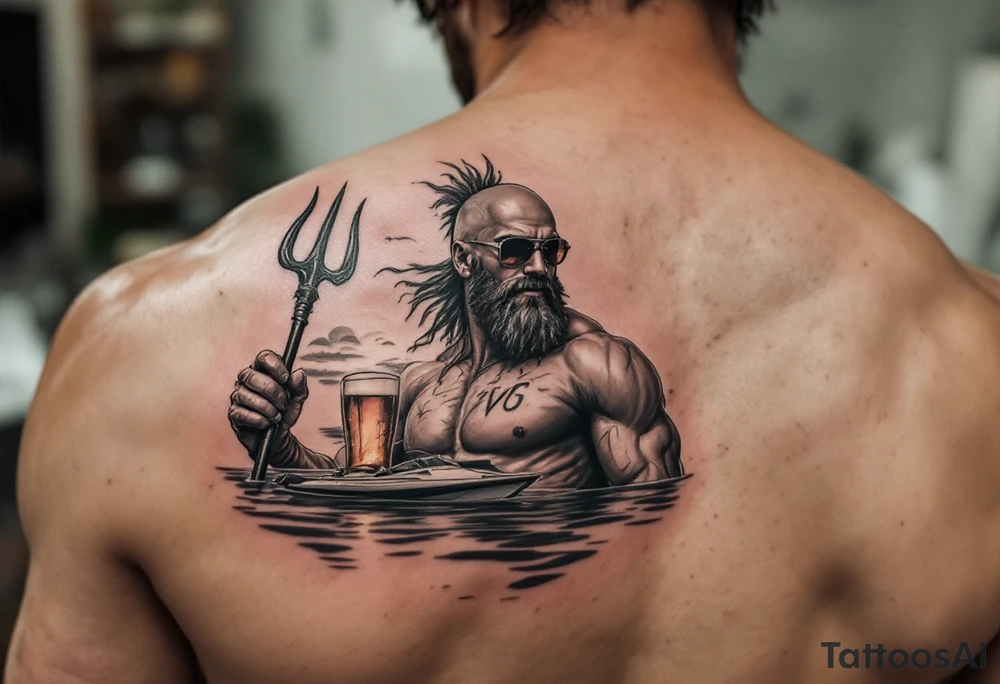 young, happy, fit, balding, poseidon in calm water, holding a trident, drinking a beer, with sunset, with ski boat, with sunglasses tattoo idea