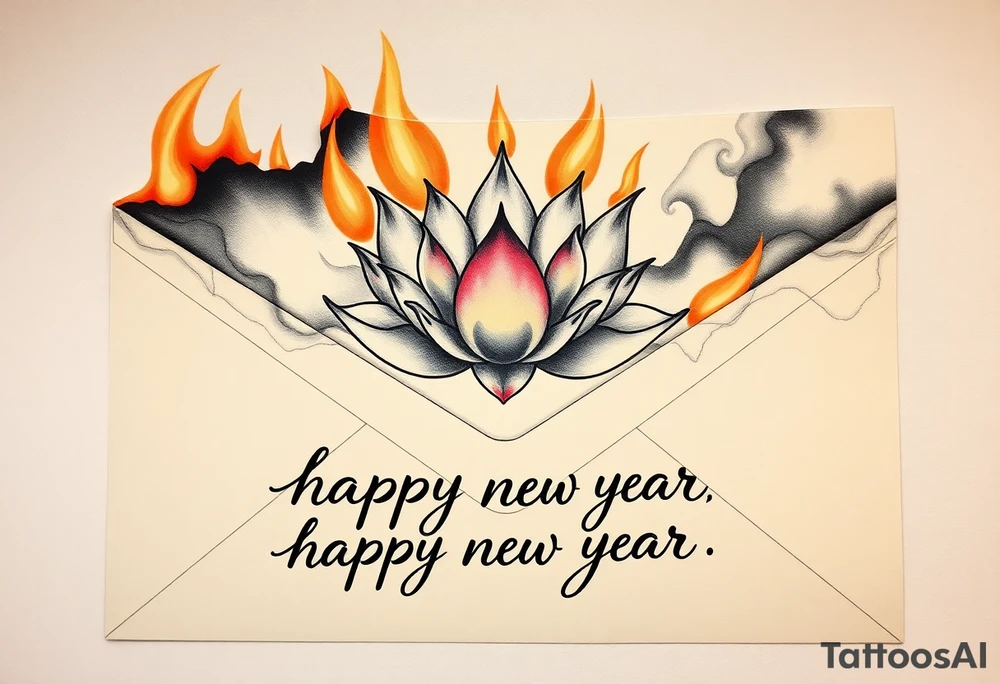 burning envelope with flames, charred paper texture, partially burnt edges, smoke and sparks   lotus flower surrounding envelope, watercolor lotus with gradient petals, traditional ink style lotus   handwritten text "hamburger, happy newyear", vintage cursive font on burnt paper, faded ink effect   neo-traditional tattoo, ink wash lotus, blackwork shading  destruction and rebirth symbolism, lotus emerging from ashes, dynamic fire flow around envelope

contrast between chaos (fire) and serenity (lotus), hidden burger icon in smoke tattoo idea