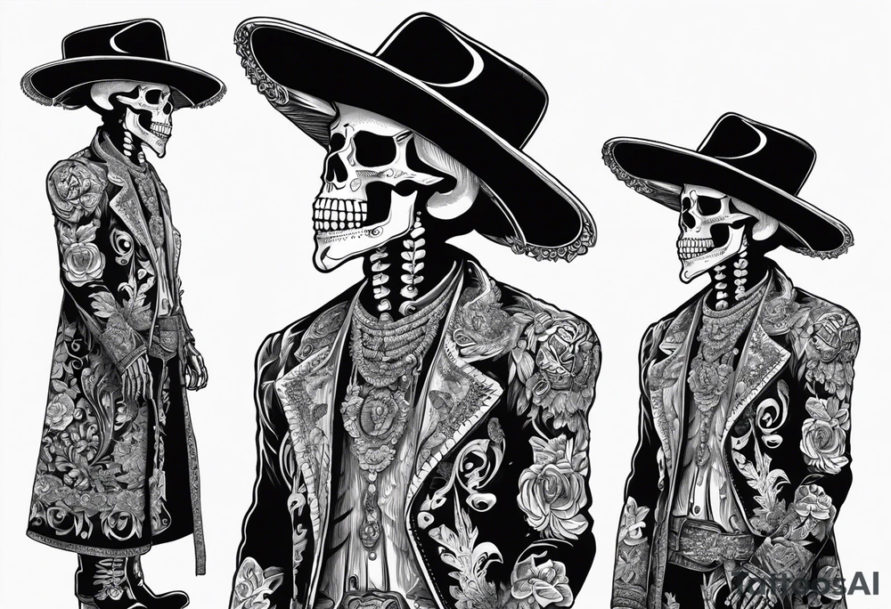 full body of standing skeleton in the suit with hat in mexican style, similar to santa muerte tattoo idea