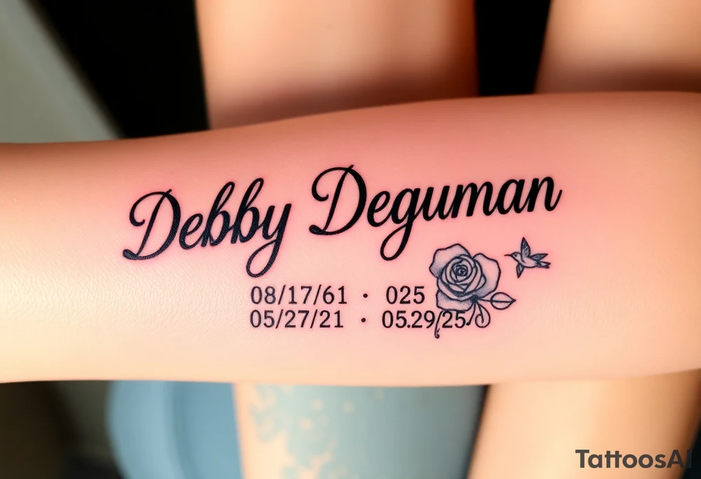 Tattoo of the name Debby Deguzman in chunky bold curly cursive with the exact dates of 08/17/61-05/29/25 surrounded by a hummingbird and a rose tattoo idea