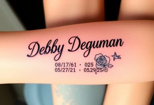 Tattoo of the name Debby Deguzman in chunky bold curly cursive with the exact dates of 08/17/61-05/29/25 surrounded by a hummingbird and a rose tattoo idea