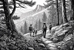 A man  with his family hiking through the Forrest. Add Mexican frame tattoo idea