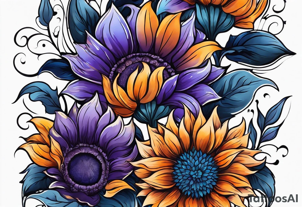 Full arm sleeve with purple, orange and blue sunflowers tattoo idea
