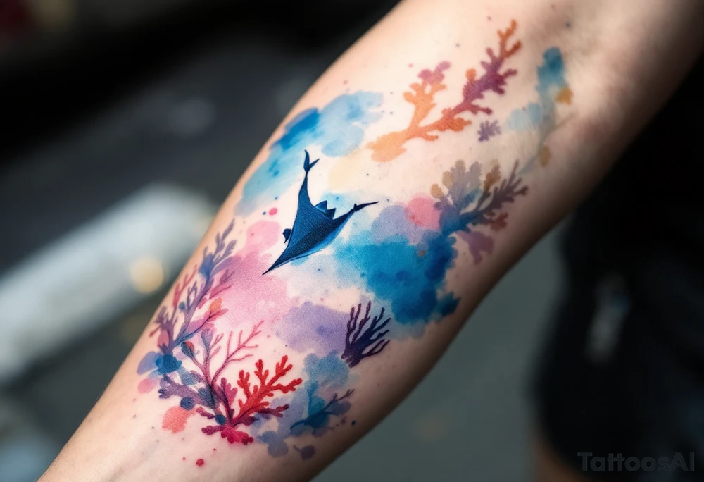 Ray swimming, diver bellow, coral reef bellow for forearm tattoo idea