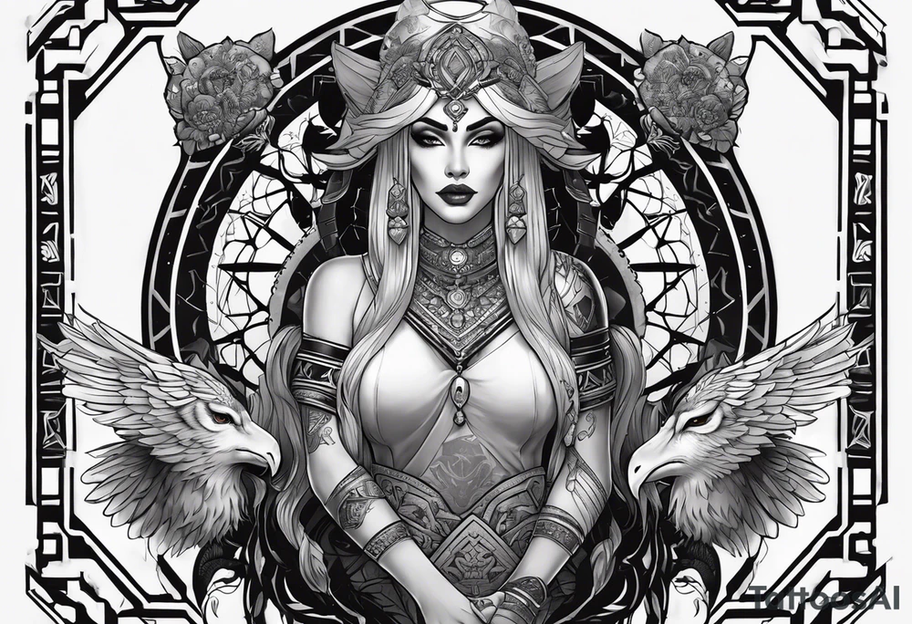 kali ma, alien goddess, valkrye, aries, pirate, divine feminine, zenza resonance, pachamama, lotus azul, blank panther, eagle, skull, 5D, nueva gaya, dna 12, left side chest tatoo tattoo idea