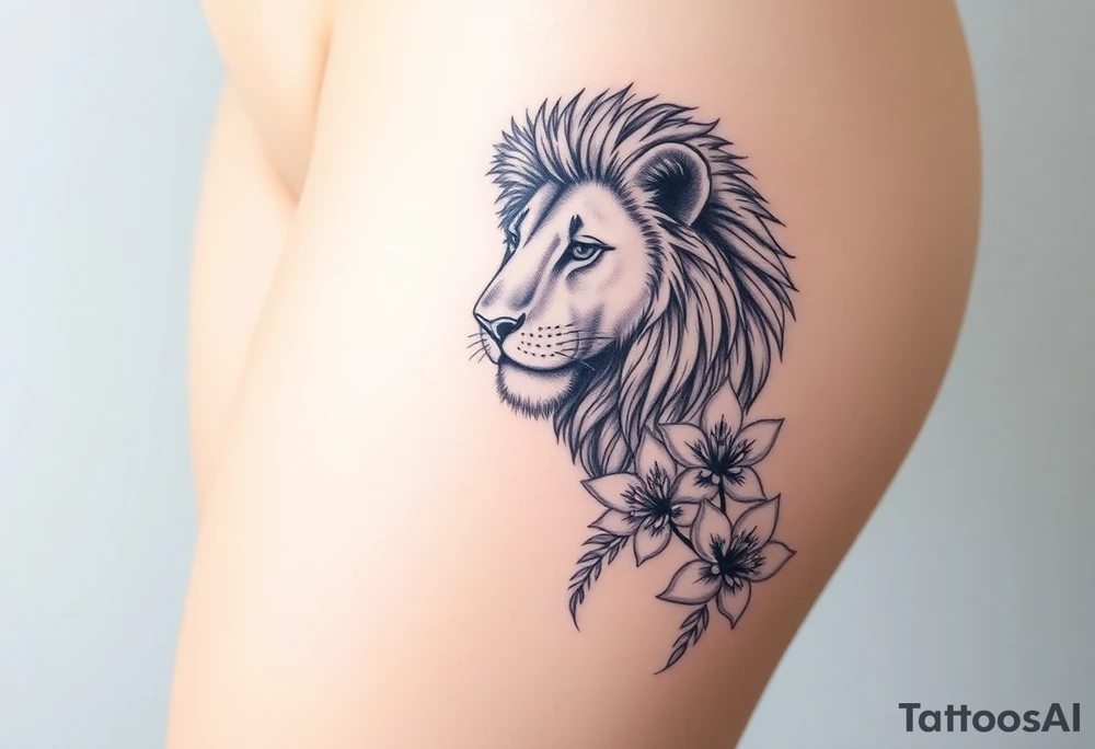 Lion with larkspur and water lilies tattoo idea