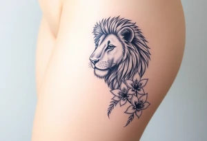 Lion with larkspur and water lilies tattoo idea