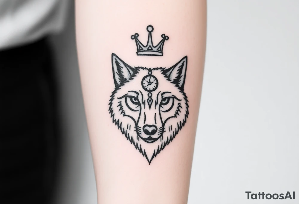 Minimalist linework tattoo featuring a wolf’s head with calm, wise eyes, a half-broken crown above it, and a small compass and vintage clock integrated into the design. Clean black ink, elegant, symbolic, forearm tattoo placement. tattoo idea