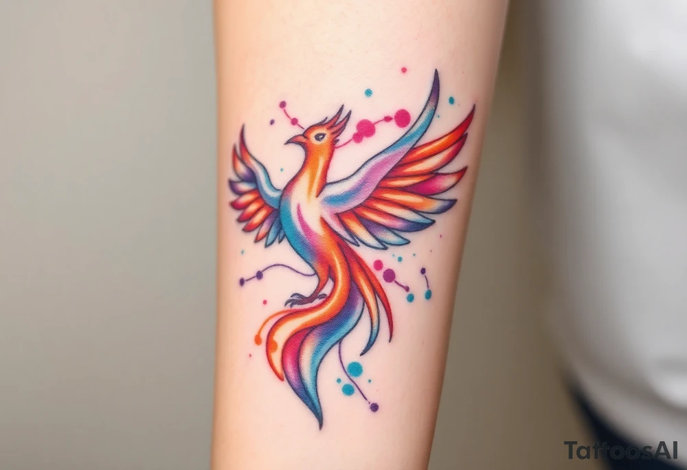 Phoenix in flames with purple, blue, orange, teal and green splashes, looking upwards tattoo idea