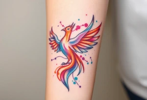 Phoenix in flames with purple, blue, orange, teal and green splashes, looking upwards tattoo idea