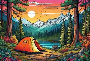 Camping in a colorful forest, adventure, large piece, nature, wildlife, wanderlust tattoo idea