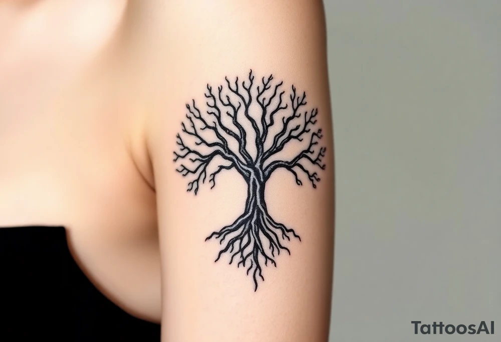 mystical tree of life with cosmic roots and celestial branches tattoo idea