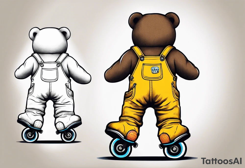 the back of one standing, skinny, brown ,
teddy bear in long, yellow overalls and white roller skates on his feet tattoo idea