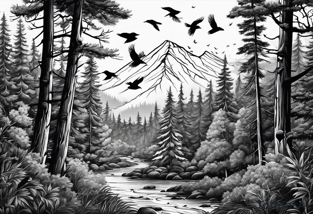 forest with birds and a trail tattoo idea