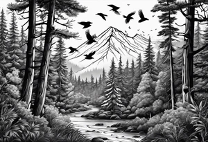 forest with birds and a trail tattoo idea