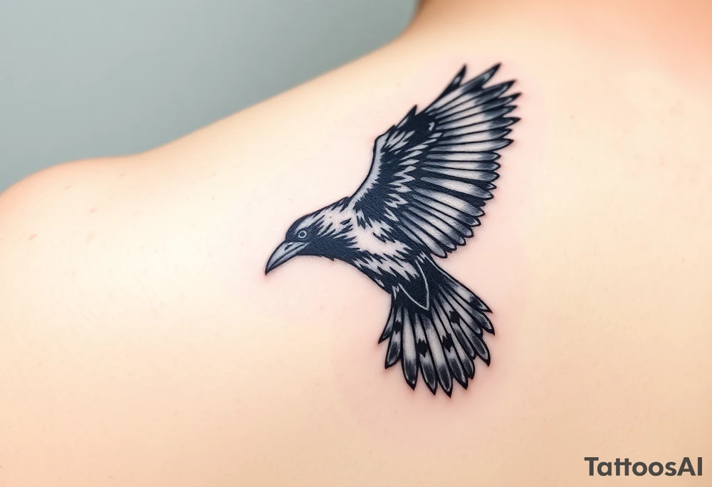 A detailed raven in mid-flight, wings spread wide with intricate feather patterns, symbolizing Tris’s journey, representing sci fi movie Divergent and name TRIS tattoo idea