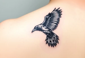 A detailed raven in mid-flight, wings spread wide with intricate feather patterns, symbolizing Tris’s journey, representing sci fi movie Divergent and name TRIS tattoo idea