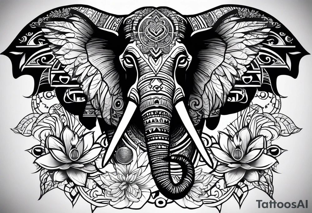 A FULL BACK TATTOO THAT HAS  THE MESSAGE I WANT TO CONVEY OF STRENGTH, HEALING, POWER AND PROTECTION.  MY ETHNICITY IS NATIVE AMERICAN AND AFRICAN AMERICAN.  AN ASSORTMENT OF IMAGES THAT INCLUDE AN ELEPHANT, LOTUS FLOWER, HAMSA, WATER, OWL. tattoo idea