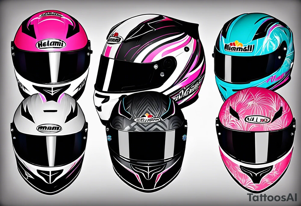 formula 1 helment with miami name and black light blue and pink colors tattoo idea