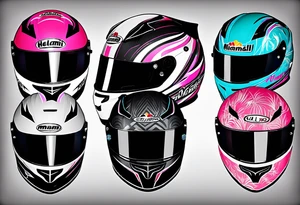 formula 1 helment with miami name and black light blue and pink colors tattoo idea