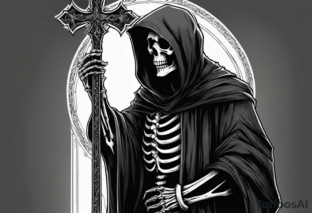 The grim reaper standing from a side profile praying with a rosary wrapped around his hands from a far with skeleton hands show his whole body tattoo idea