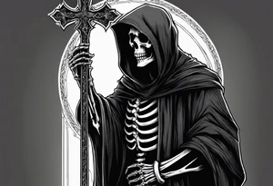 The grim reaper standing from a side profile praying with a rosary wrapped around his hands from a far with skeleton hands show his whole body tattoo idea