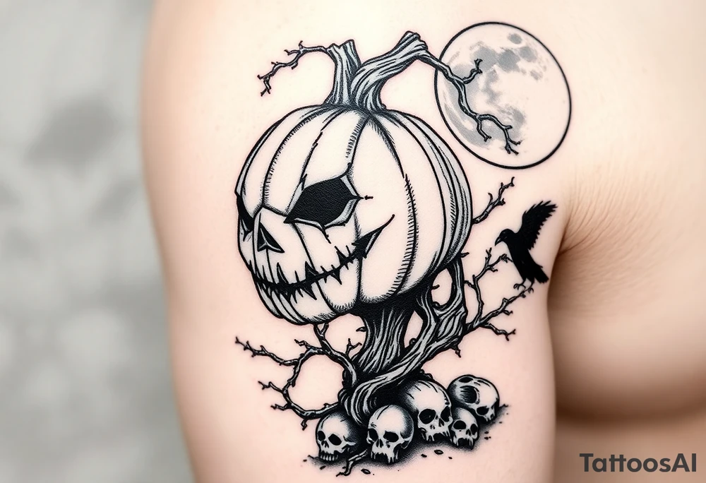 powerful realistic pumpkin head sentinel with vine and stick body, surrounded by fog, faded moon in the upper right background with ravens and skulls at the base tattoo idea
