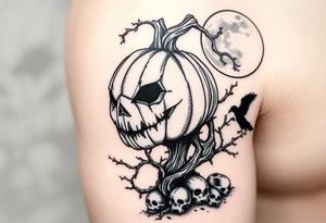 powerful realistic pumpkin head sentinel with vine and stick body, surrounded by fog, faded moon in the upper right background with ravens and skulls at the base tattoo idea