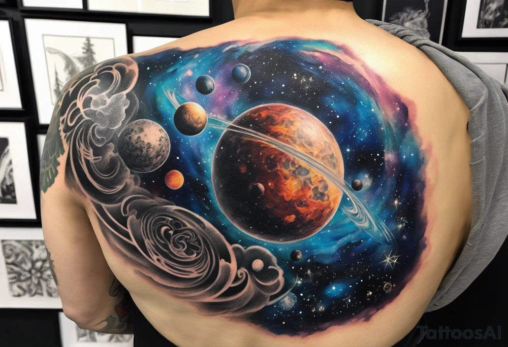 Half sleeve tattoo of a galaxy orbiting. tattoo idea