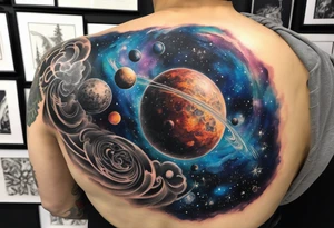 Half sleeve tattoo of a galaxy orbiting. tattoo idea